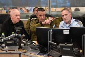 Commander of the Air Force Maj. Gen. Tomer Bar, Chief of Staff Lt. Gen. Herzi Halevi, and Defense Minister Yoav Gallant in the IDF Command Center during Nasrallah’s Elimination, Photo: IDF Spokesperson